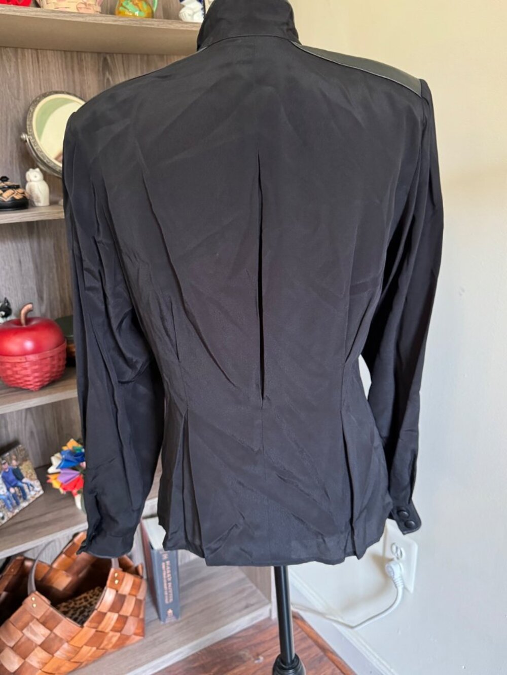 Vintage Erena By Irene Koenig Black Blouse Leather Trim Peplum Size 6 - Picture 5 of 12